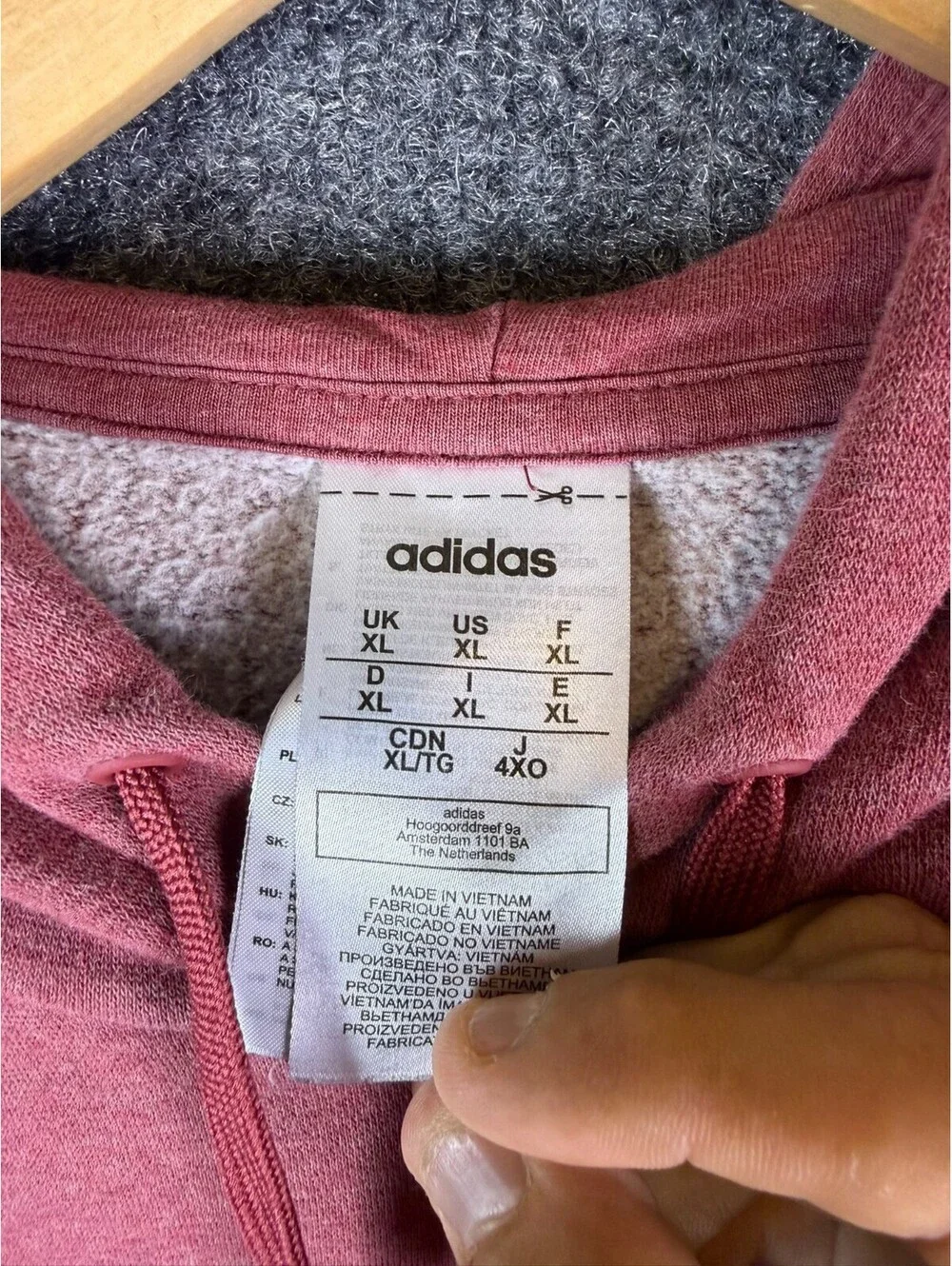 adidas Hoodie Mens XL Heather Red Maroon Black 3 Stripe Spellout Sweatshirt
